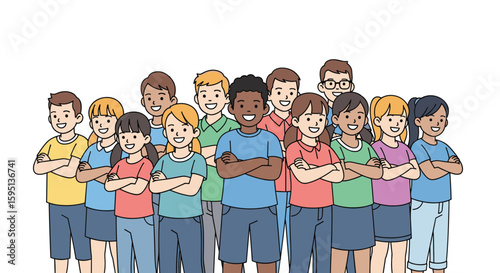 A Diverse Group of Happy Young Children Standing Together with Crossed Arms Smiling Contentedly