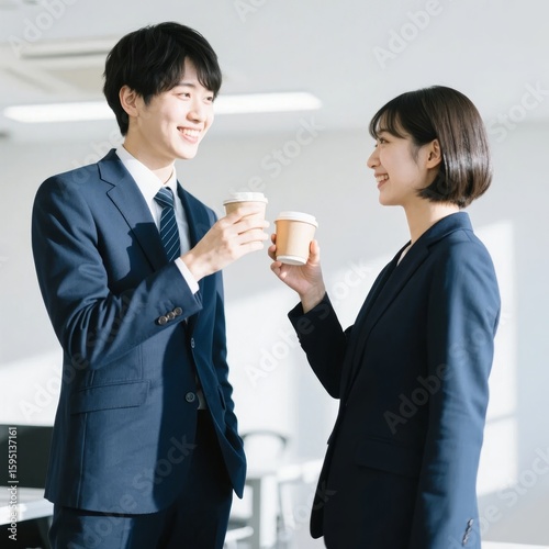 Two professionals in business attire sharing a moment with coffee cups in an office setting.