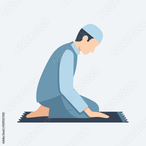 Man kneeling on prayer rug wearing traditional clothing in a religious pose.