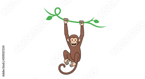 A happy cartoon monkey swinging joyfully from a green vine in a playful forest setting
