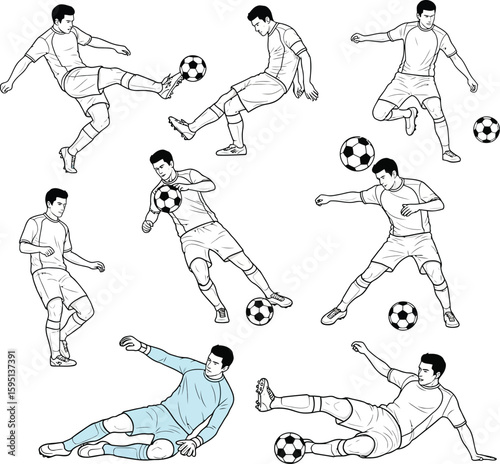 Vector art of a soccer player performs various actions with a ball isolated on white background