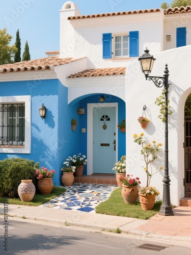 Charming Mediterranean-style house with blue and white facade, tiled roof, and colorful garden