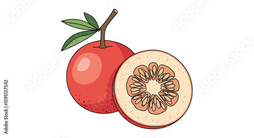 A ripe red tamarillo fruit and its juicy tropical pulp displayed together