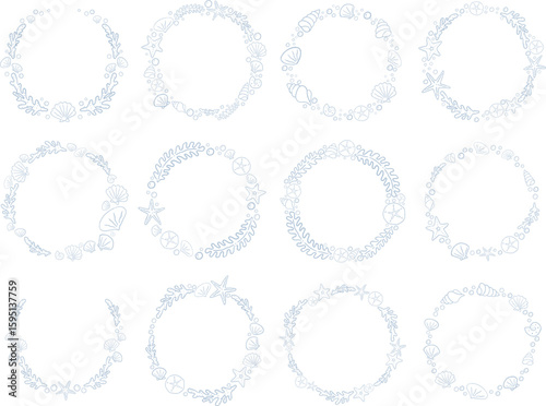 Abstract sea shell, star fish, coral and seaweed doodle wreath illustration for decoration on marine life, nautical and summer beach concept.