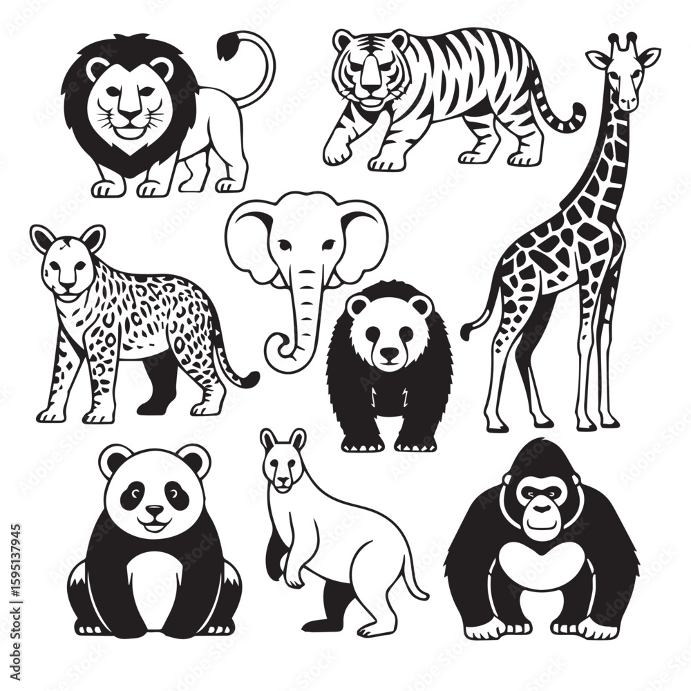 Obraz premium Assortment of animals in black and white line drawing art style including lion and panda