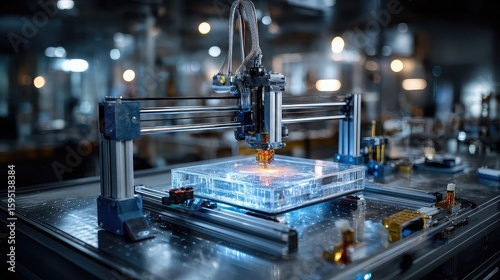 3D printer fabricates a mechanical prototype as sensors and monitoring displays surround it, casting soft blue glows in a controlled workshop.