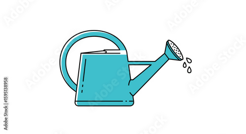A Simple Illustration of a Turquoise Watering Can Pouring Water Onto Plants for Garden Care