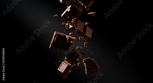 Dark chocolate chunks falling on black background food photography dessert sweets cocoa indulgence delicious 100