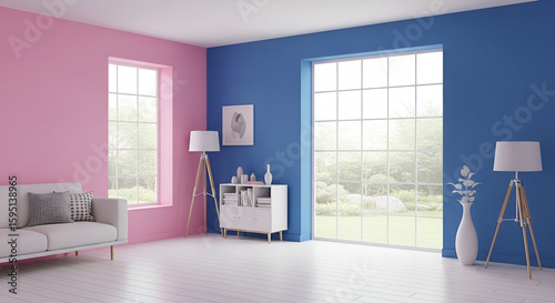 Modern living room interior design with pink blue walls and white furniture decor ideas trends tips inspiration