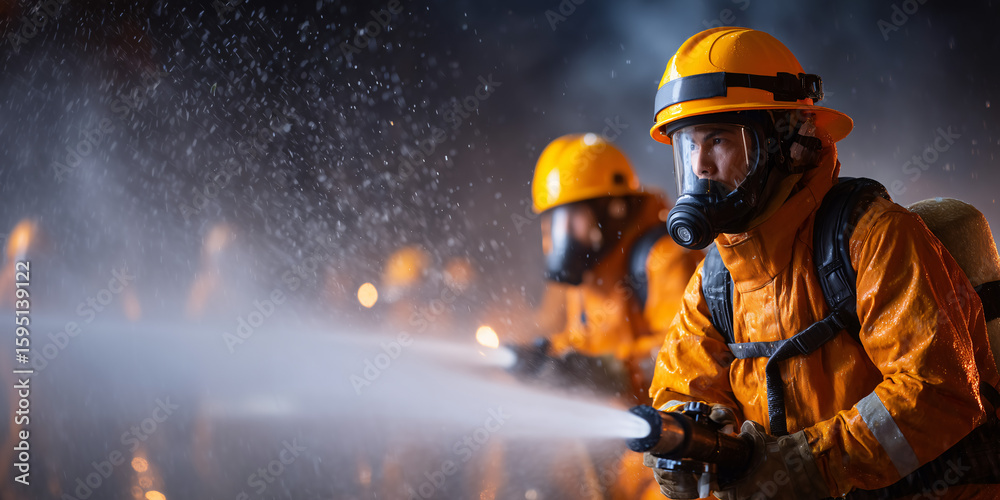 Fototapeta premium Brave firefighters tackling a fire with powerful water streams. The scene is filled with the intensity of the moment