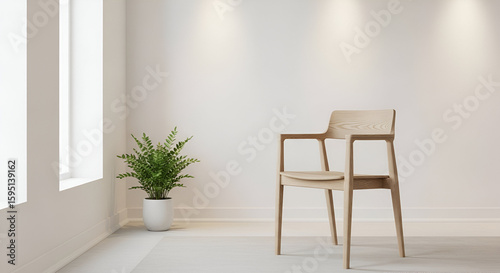 Minimalist interior design with wooden chair and plant in bright white room studio apartment decor idea