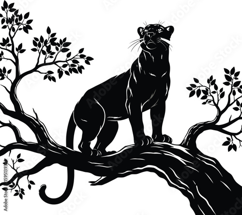 Black Panther Silhouette Perched on a Majestic Tree Branch