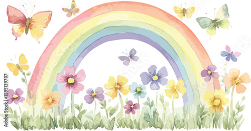 Watercolor Rainbow with Flowers and Butterflies Springtime Illustration for Children s Designs