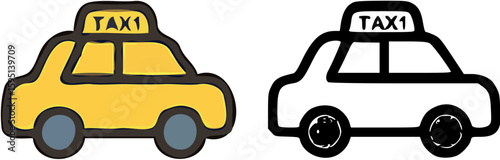 Two simple line art illustrations of a yellow taxi cab and a black and white taxi cab.