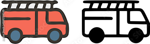 Two stylized illustrations of a firetruck, one in color and one in black and white.