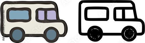 Two simple line drawings of a van or camper van, one filled in, the other outlined.
