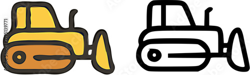 Two stylized illustrations of a bulldozer, one colored and one outlined.