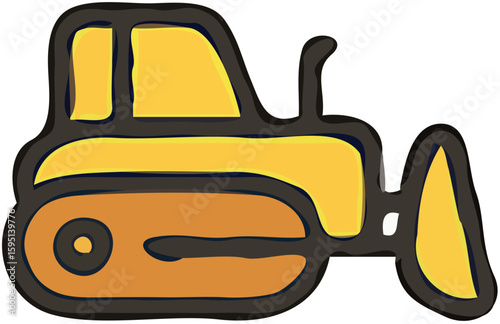 A cartoon illustration of a yellow bulldozer, heavy machinery, construction equipment.
