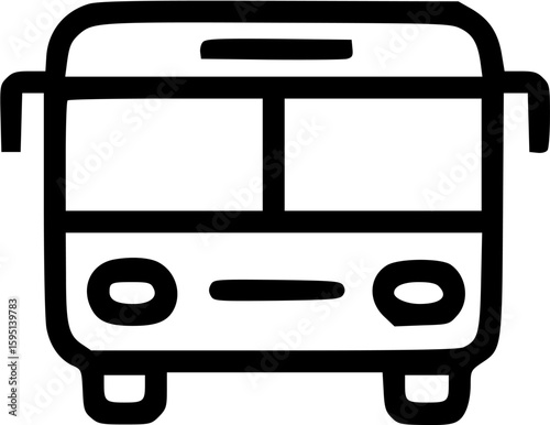 Simple line drawing of a bus, viewed from the front, showing windows, headlights, and side mirrors.