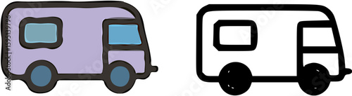 Two stylized camper van icons, one colored and one black and white.