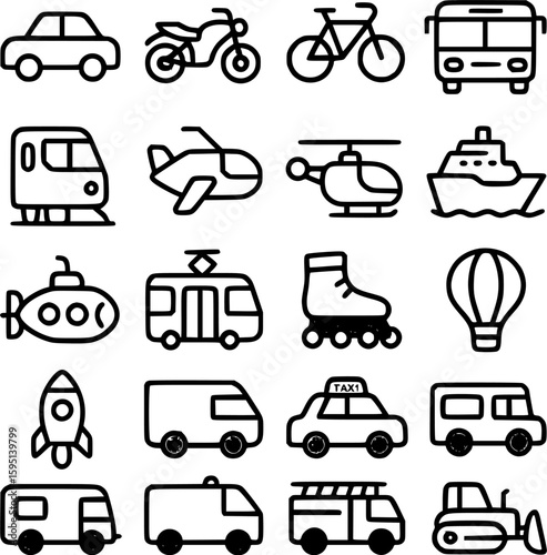 Collection of black line art icons depicting various modes of transportation.