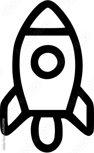 Simple black and white illustration of a rocket ship ready for launch, with details.