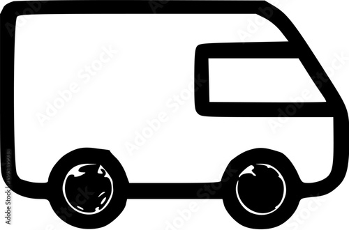 Simple black and white illustration of a delivery van with rounded edges.