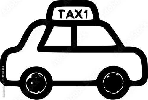 Simple black and white line drawing of a taxi cab with "TAXI" on the roof sign.