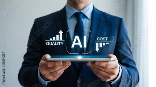 A businessman demonstrates the benefits of using artificial intelligence, with increased quality and reduced costs, all displayed on a sleek tablet for a modern presentation