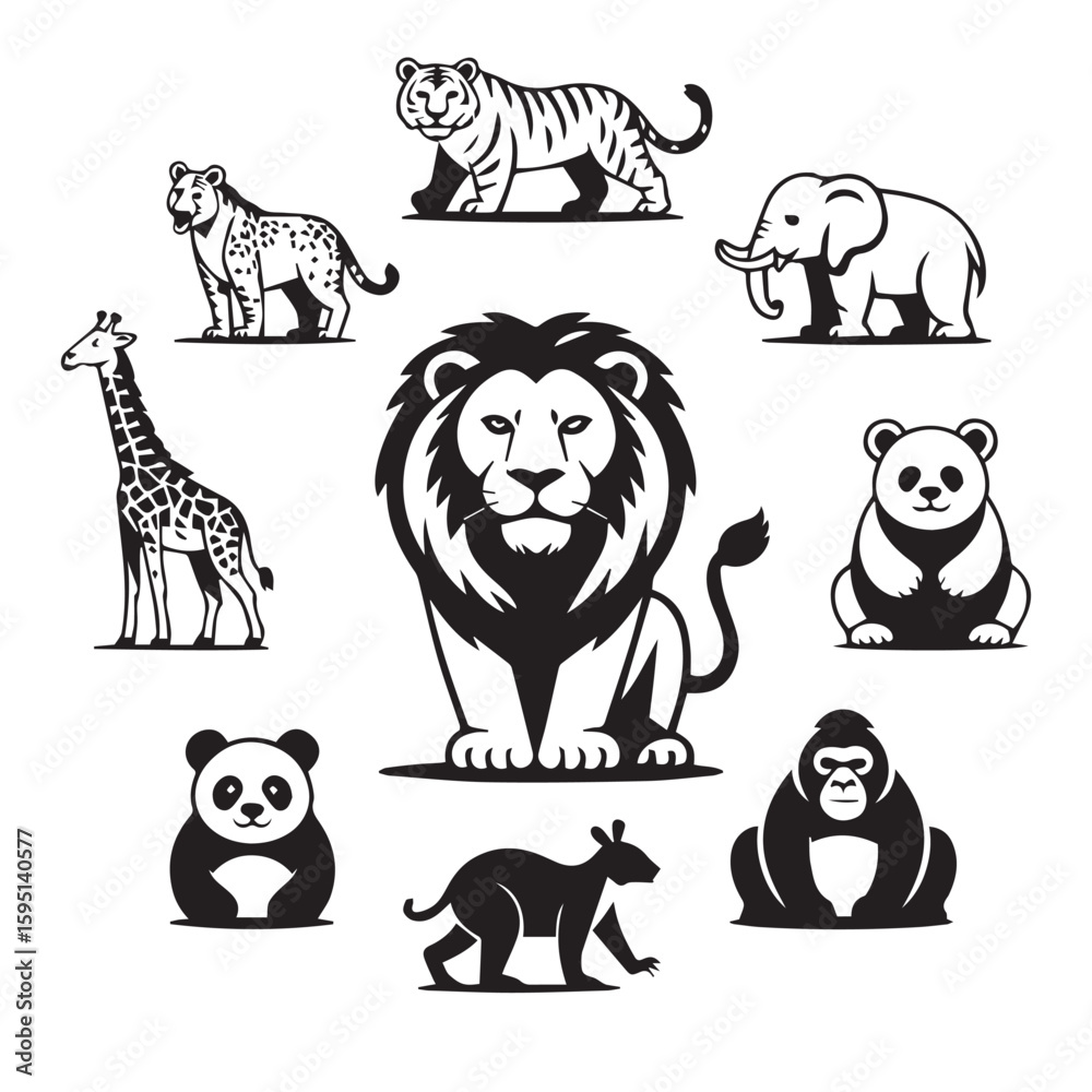 Obraz premium Assortment of illustrated monochrome animals featuring lion, giraffe, tiger, and gorilla