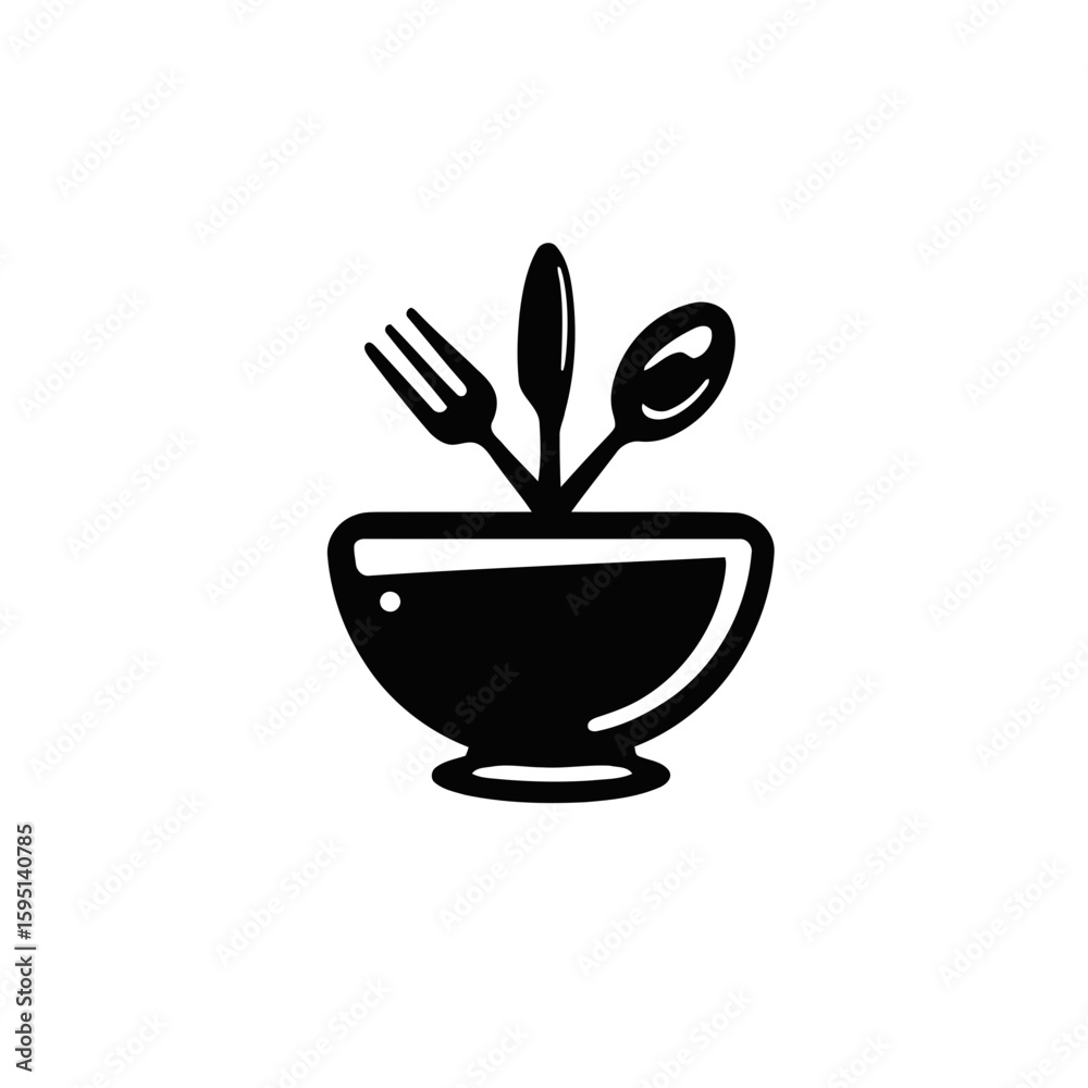 Green plant in a pot with a spoon, cup, and plate, a perfect symbol for a healthy cafe meal Green plant in a pot with a spoon, cup, and plate, a perfect symbol for a healthy cafe meal