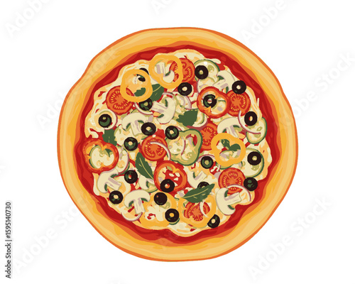 Delicious Pizza Temptation: An overhead shot of a tantalizing pizza, generously topped with a variety of fresh ingredients like bell pepper, mushroom, olive and sliced tomato.