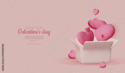 Minimalistic 3D illustration of Valentine s Day concept with heart shapes and open boxes. Love, celebration, and romantic design template.