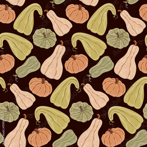 Seamless fall pattern with hand-drawn pumpkins and gourds in warm colors on dark background. Decorative autumn vegetable design for seasonal projects, fabric, textile, kitchen products.