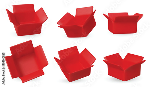 Collection of isometric red open boxes on white background. Ideal for delivery, shipping, packaging, and online store visuals.