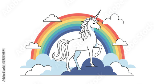 A Majestic White Unicorn Stands Proudly Before a Vibrant Rainbow and Fluffy White Clouds a Whimsical and Enchanting Scene