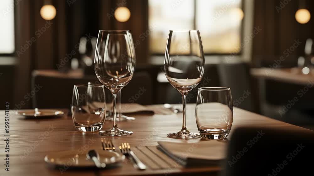 Restaurant Table Setting: Elegant place setting with wine glasses, silverware, and linen napkins awaiting guests in a fine dining ambiance. Restaurant Table Setting: Elegant place setting with wine glasses, silverware, and linen napkins awaiting guests in a fine dining ambiance.