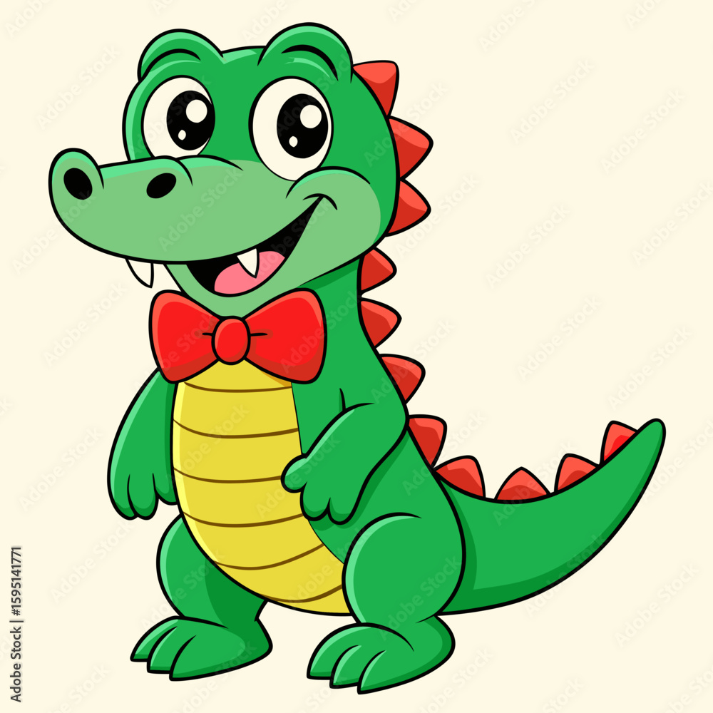 Fototapeta premium Cute Cartoon Alligator Wearing Red Bow Tie Smiling
