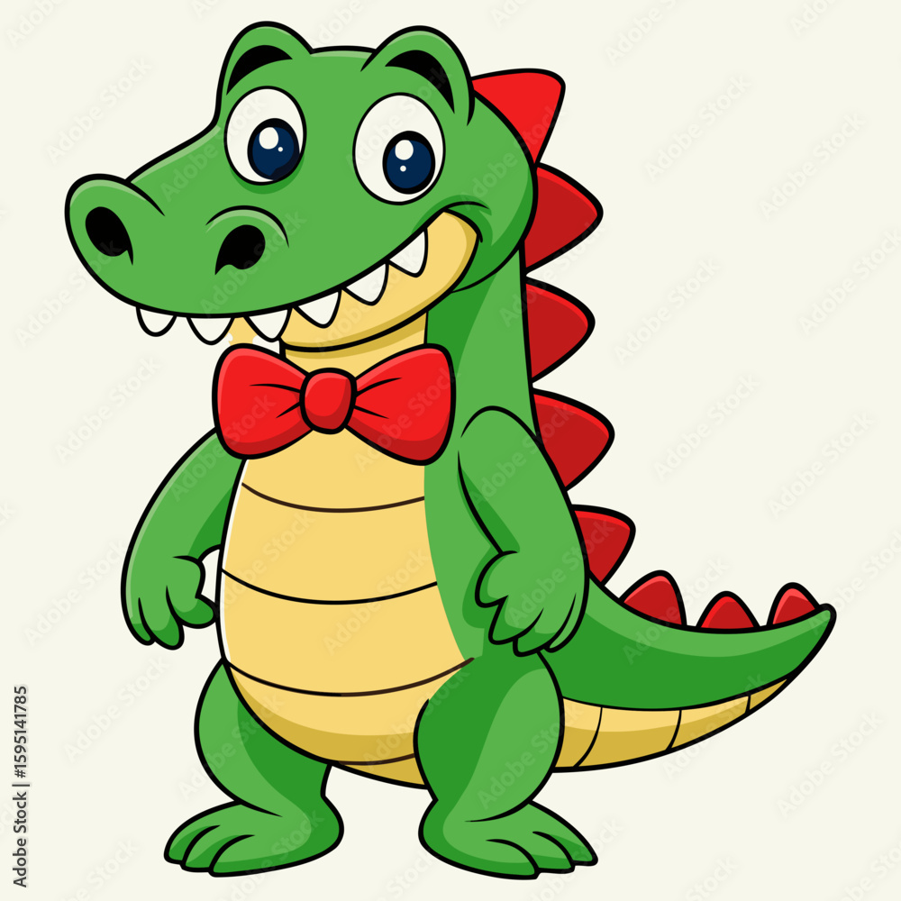 Fototapeta premium Cute Cartoon Alligator Wearing Red Bow Tie Smiling