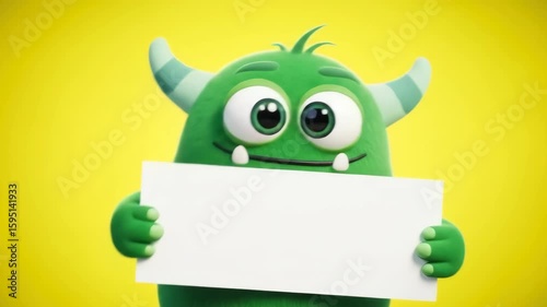Cute Green Monster Holding Blank Sign, Yellow Background, 3D Render.