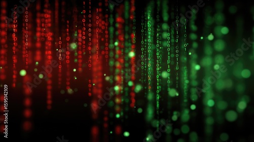 Wallpaper Mural Abstract digital rain of red and green binary code cascading down a dark background, interspersed with bokeh effects Torontodigital.ca
