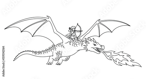 Epic fantasy illustration of a warrior riding a fire-breathing dragon in aerial combat against an unseen foe