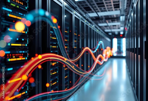 Abstract data streams flowing through server racks in a modern data center,  analysis,  network