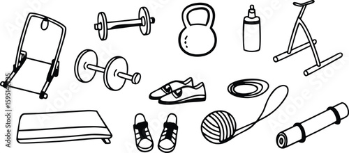 Fitness Equipment and Workout Tools Vector Icon Set