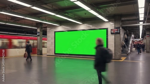 Subway platform billboard with bustling commuters