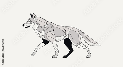 Animated illustration of a stylized gray wolf with dashed lines showing its anatomical structure walking gracefully across a neutral background
