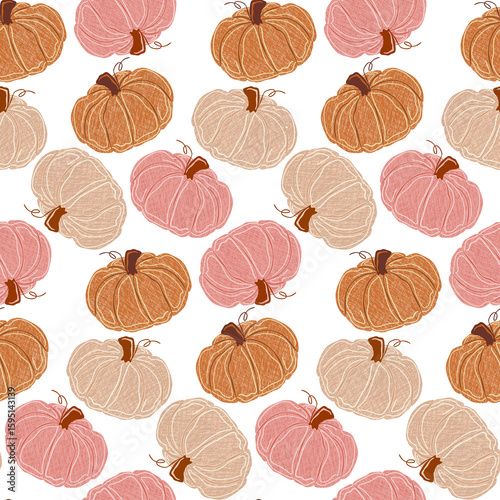 Seamless pattern with textured pumpkins in pastel warm colors. Hand-drawn autumn harvest design for textile, fabric, wrapping paper, fall decor and seasonal products