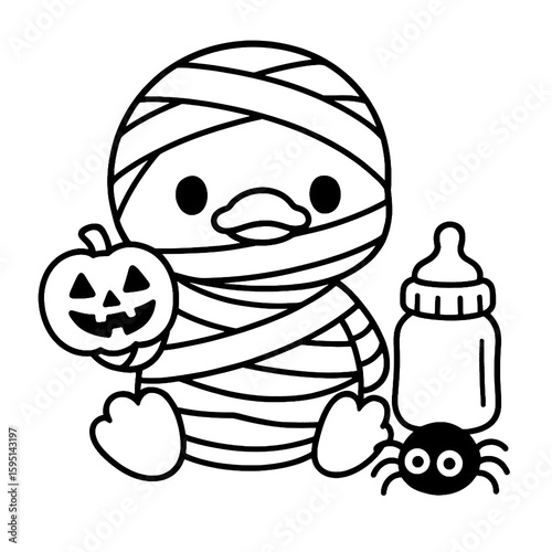 Kawaii baby duck in mummy costume holding jack-o’-lantern, Halloween coloring page
