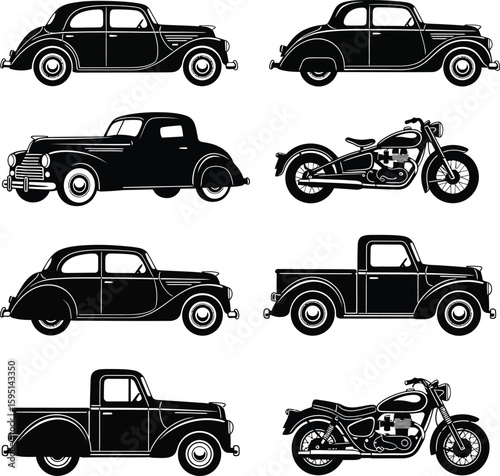 Vector art of silhouettes of vintage cars, trucks, and motorcycles isolated on white background