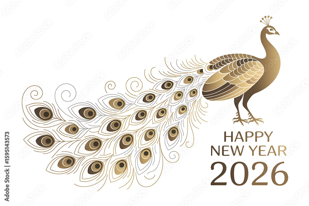 Fototapeta premium Elegant golden peacock displaying ornate tail feathers with new year greeting bird